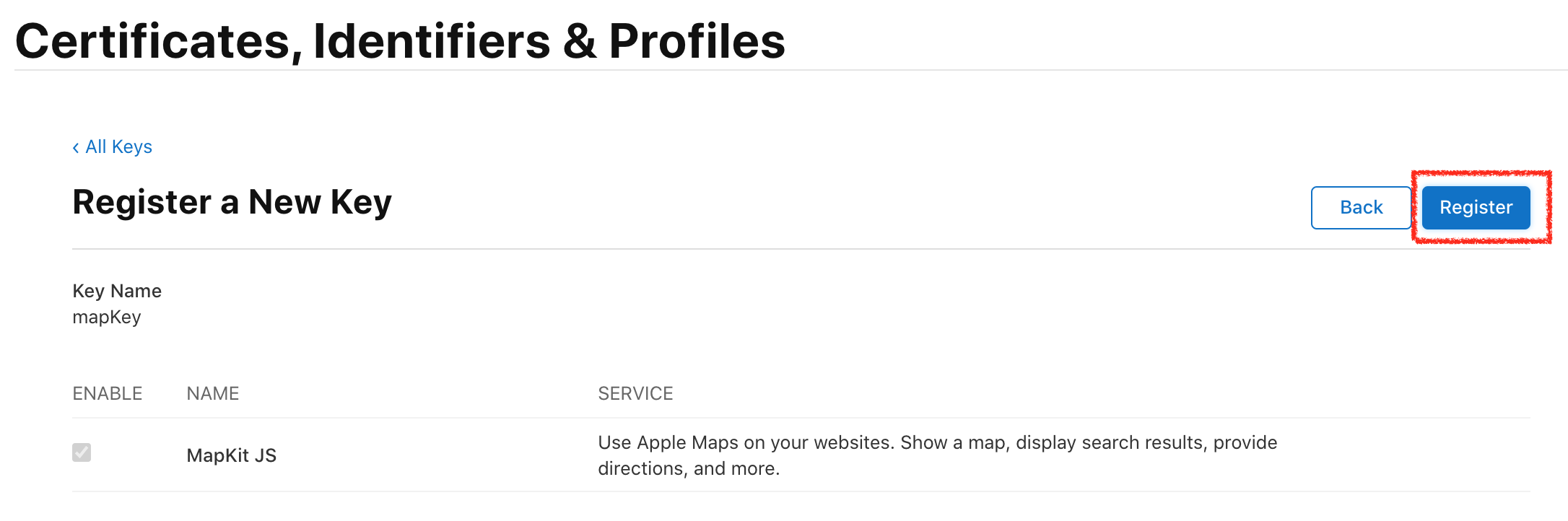 Register a new MapKit JS Key