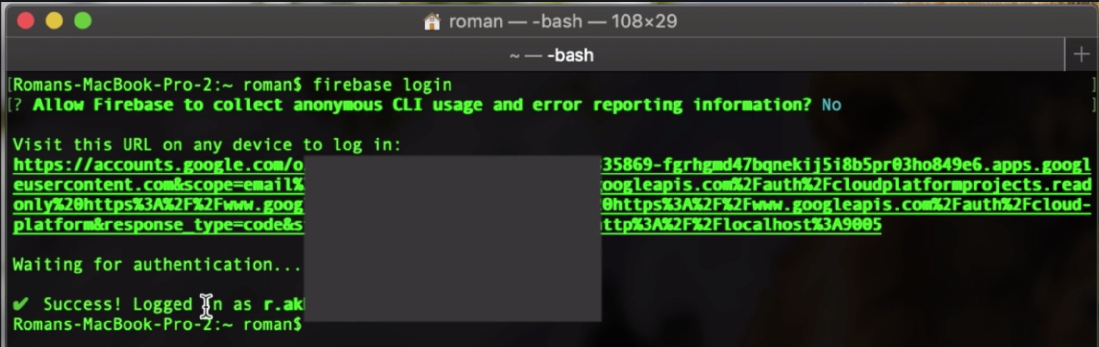 Successful login in Firebase CLI tools