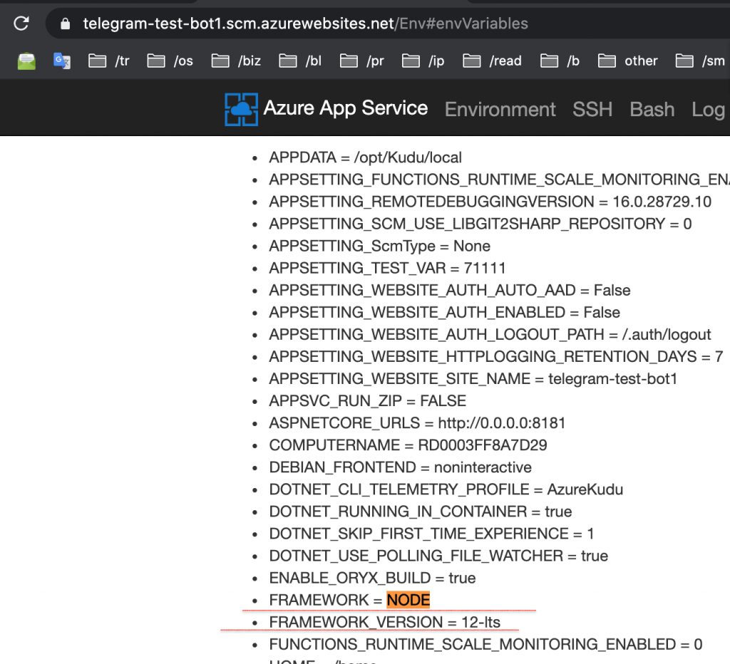 Node version in environment variables on Azure